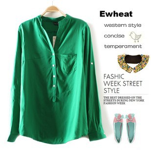 2013 Spring New Solid  Pockets  Chiffon Full Fashion Women Shirt