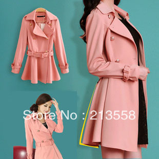 2013 Spring new style! Cute Pink  double-breasted  long design Trench for women ,S-XXL, free shipping #J175