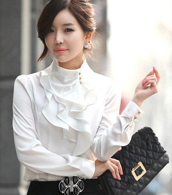 2013 spring new Wholesale shirt / women's shirts faux silk ruffles Blouse Free shipping white, purple, nude  S-XL W031-1