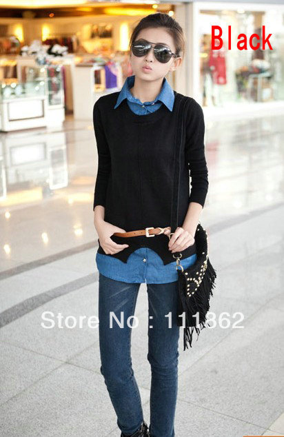 2013 spring new Women Korean version of cowboy collar long sleeve fake two-piece sweater