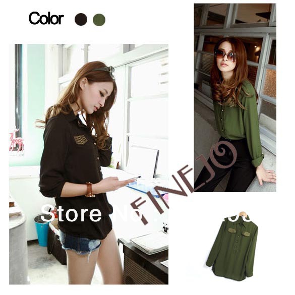 2013 Spring New Women's Revet Long Sleeve Casual Loose Chiffon Shirt Tops Blouses Free Shipping 9359