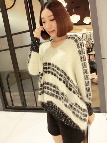 2013 Spring New! Women's Shinning Bat-sleeves V-neck Knit Loose Sweater,Ladies' fashion Knitwear, Freeshipping