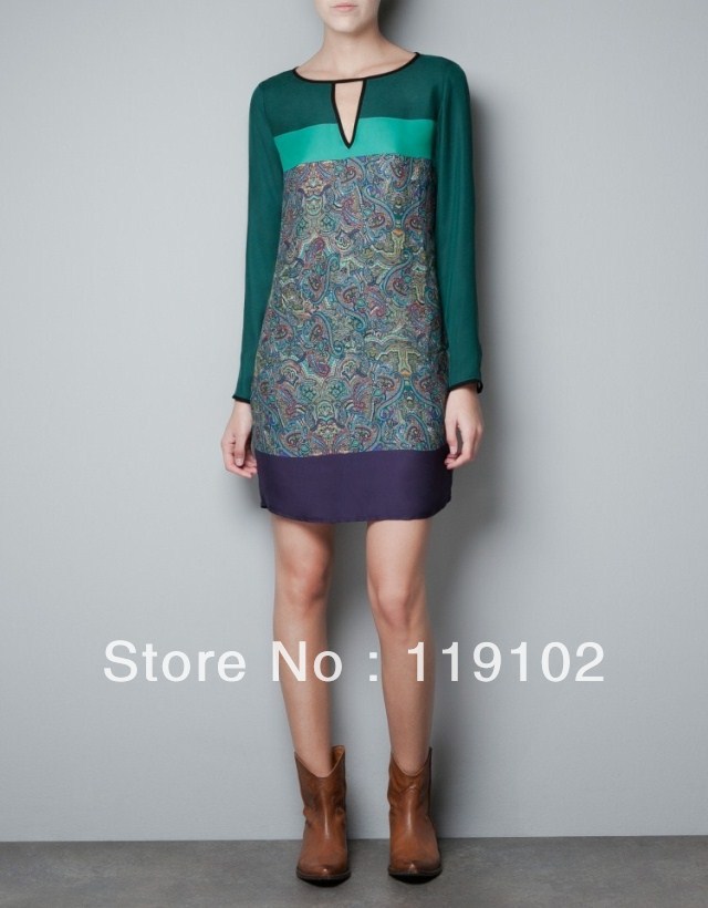 2013 Spring New!ZA** 1:1 Brand Women's Vintage Green Floral Prints Straight slim Dress,free shipping good quality