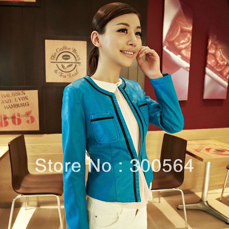 2013 spring o-neck, black-and-white blue three-color leather clothing, female short design slim outerwear