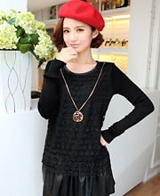 2013 spring o-neck knitted long-sleeve lace patchwork PU leather ruffle black short design one-piece dress women's