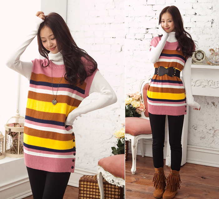 2013 spring o-neck sleeveless multicolour stripe straight medium-long sweater