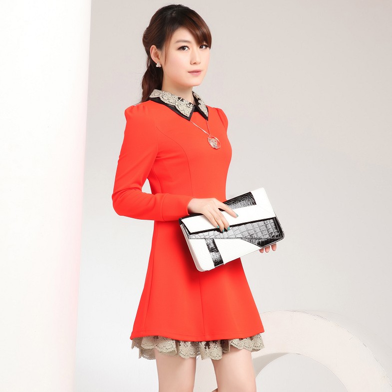 2013 spring OL outfit leather turn-down collar one-piece dress skirt laciness basic long-sleeve spring one-piece dress