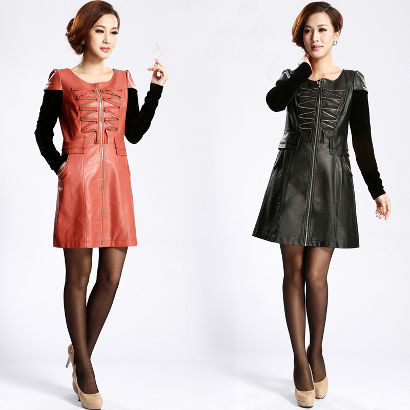 2013 spring one-piece dress leather skirt patchwork skirt faux two piece women's one-piece dress SS39