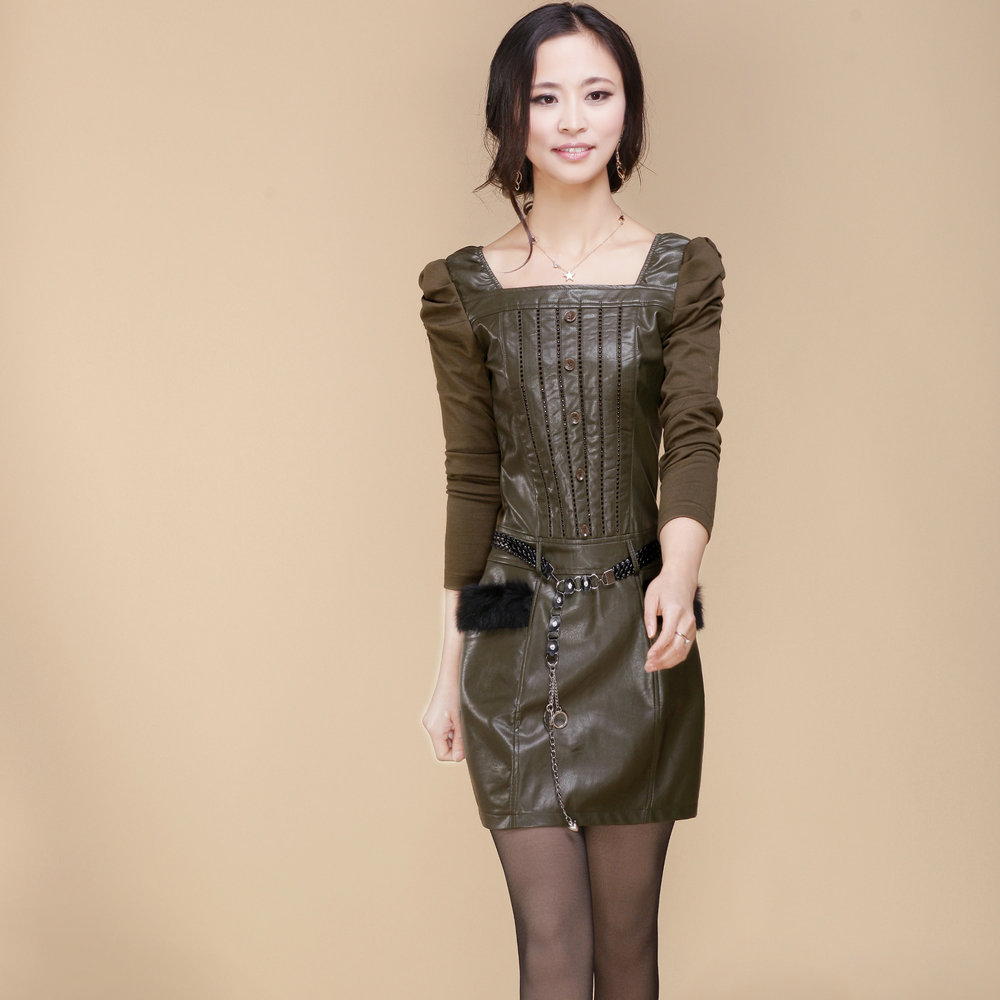 2013 spring one-piece dress plus size clothing slim skirt long-sleeve knitted leather skirt basic skirt