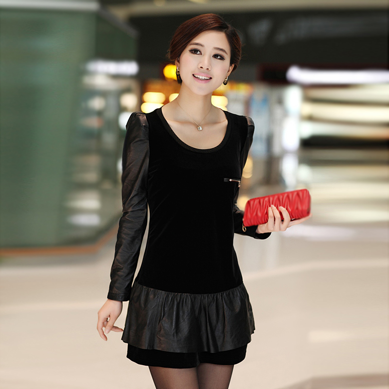 2013 spring one-piece dress spring female PU patchwork leather skirt basic skirt slim long-sleeve basic shirt