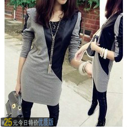 2013 spring one-piece dress the trend of women leather patchwork long-sleeve women's basic shirt