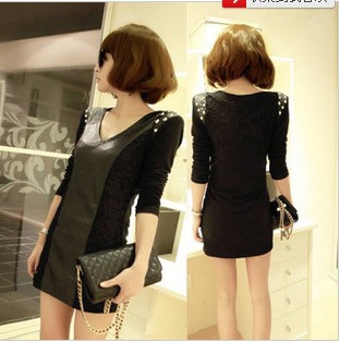 2013 spring one-piece dress the trend of women rivet beads leather lace patchwork women's basic long-sleeve shirt