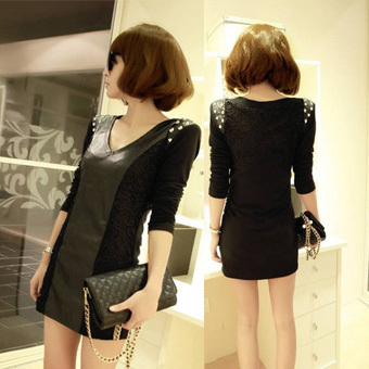 2013 spring one-piece dress the trend of women rivet beads leather lace patchwork women's basic long-sleeve shirt