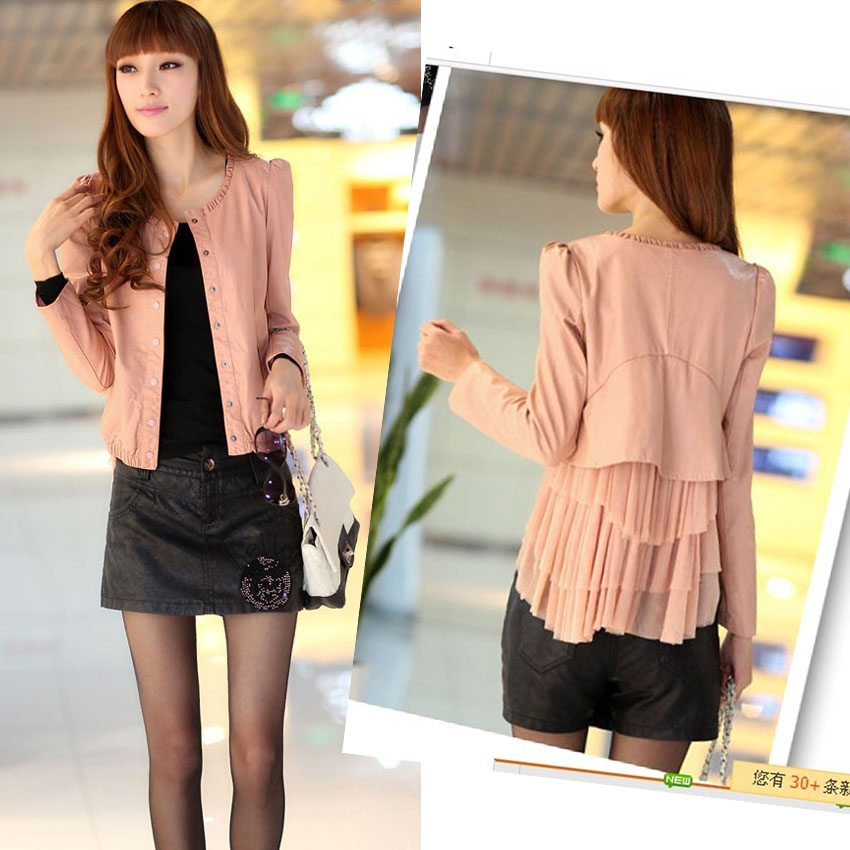 2013 spring outerwear chiffon PU patchwork buttons o-neck short design leather top female
