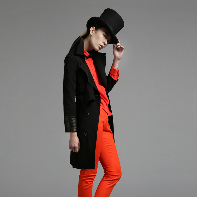 2013 spring outerwear patchwork leather spring and autumn trench spring overcoat y1369 3.8