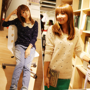2013 spring paillette peter pan collar plush comfortable loose sweater women's