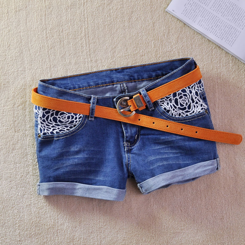 2013 spring pants blue denim low-waist shorts roll up hem boot cut jeans elastic shorts female