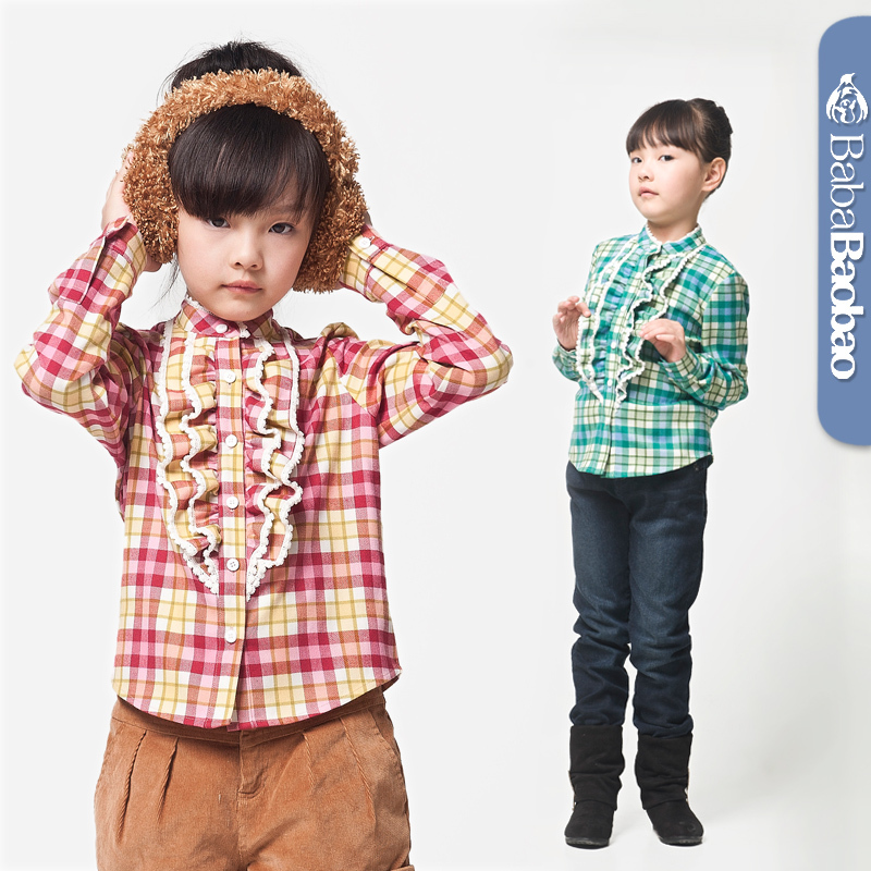 2013 spring paragraph female child stand collar plaid 100% laciness cotton long-sleeve shirt 4a20005