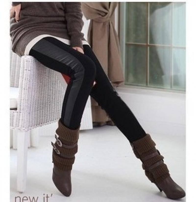 2013 spring patchwork leather pants thickening pants long legging elastic boot cut jeans pencil pants