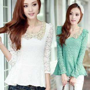 2013 spring peter pan collar long-sleeve lace top slim basic shirt female t-shirt