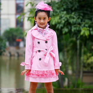 2013 spring pink double breasted suit collar female child trench child outerwear child children's clothing
