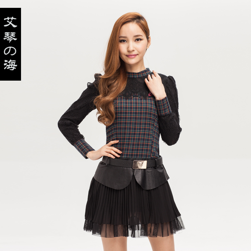 2013 spring plaid leather sweep creased corsage one-piece dress slim pleated skirt