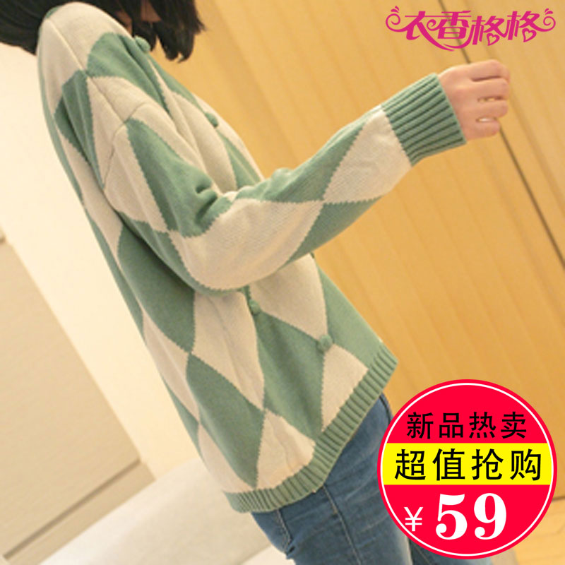 2013 spring plaid women's outerwear loose color block knitted basic sweater pullover thickening Free Shipping