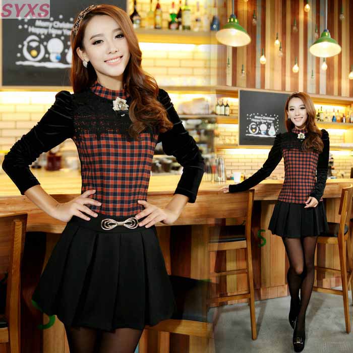 2013 spring pleated short skirt set gentlewomen elegant plaid slim velvet patchwork