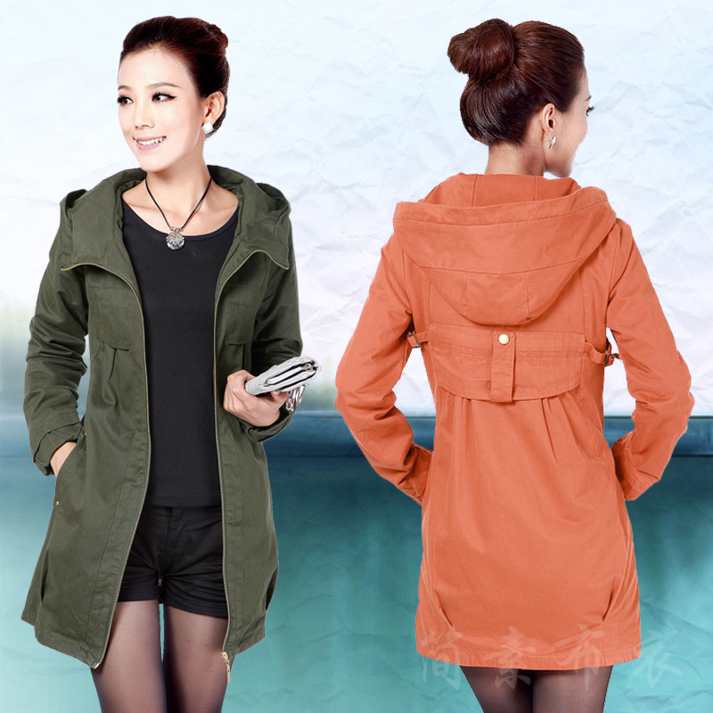 2013 spring plus size fashion women's casual hood with a pure color cloth clothing medium-long trench outerwear female