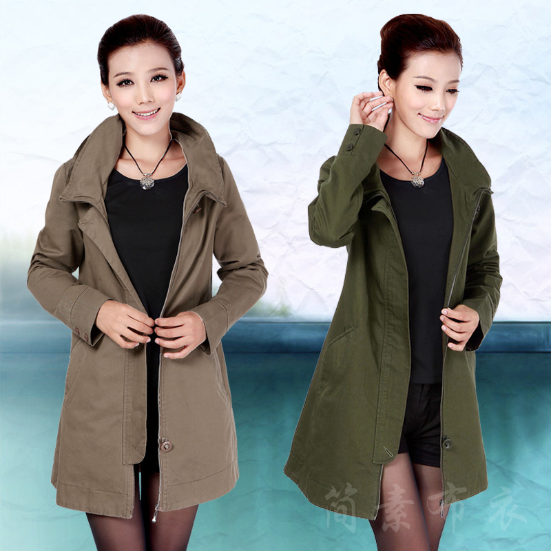2013 spring plus size fashion women's casual stand collar pure color cloth clothing medium-long trench outerwear female