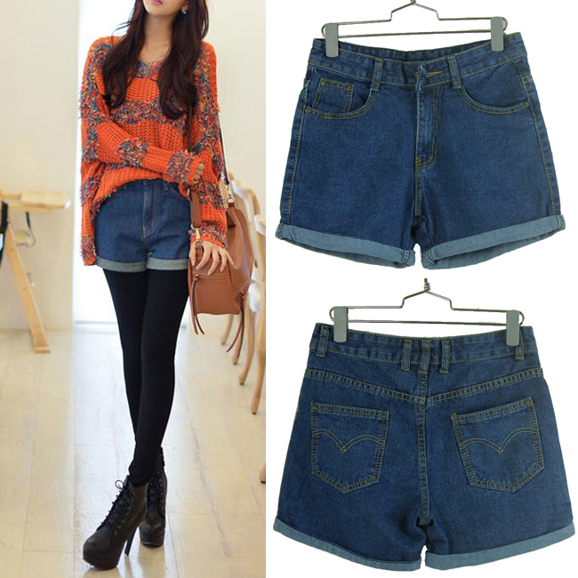 2013 spring plus size hem roll-up high waist denim shorts female summer women's hot loose trousers