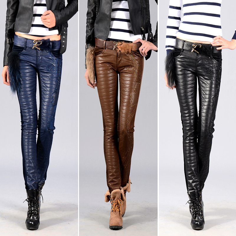 2013 spring plus size pencil pants female water washed leather fashion sexy tight leather casual trousers