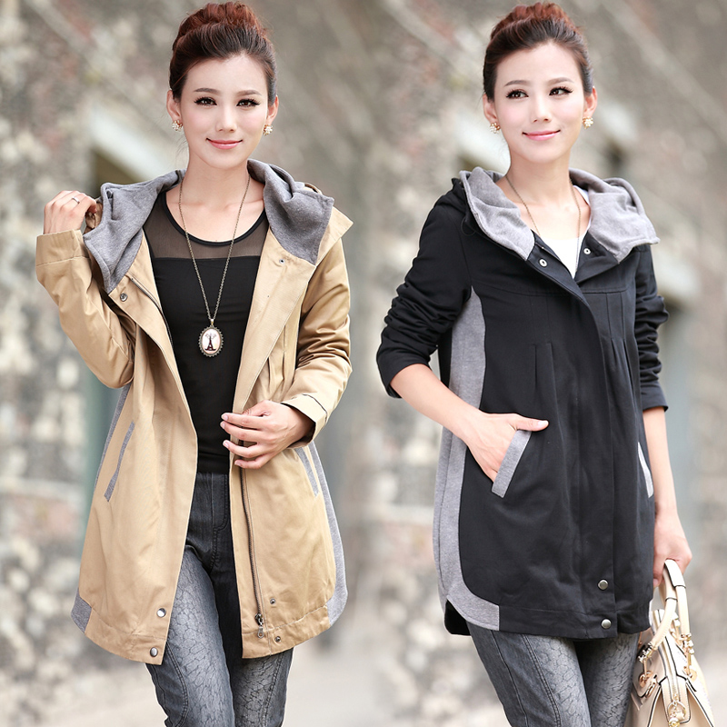 2013 spring plus size slim thickening patchwork with a hood female long trench design hot-selling Free Shipping