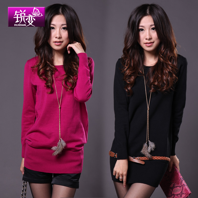 2013 spring plus size sweater loose women's medium-long o-neck long-sleeve knitted basic shirt sweater