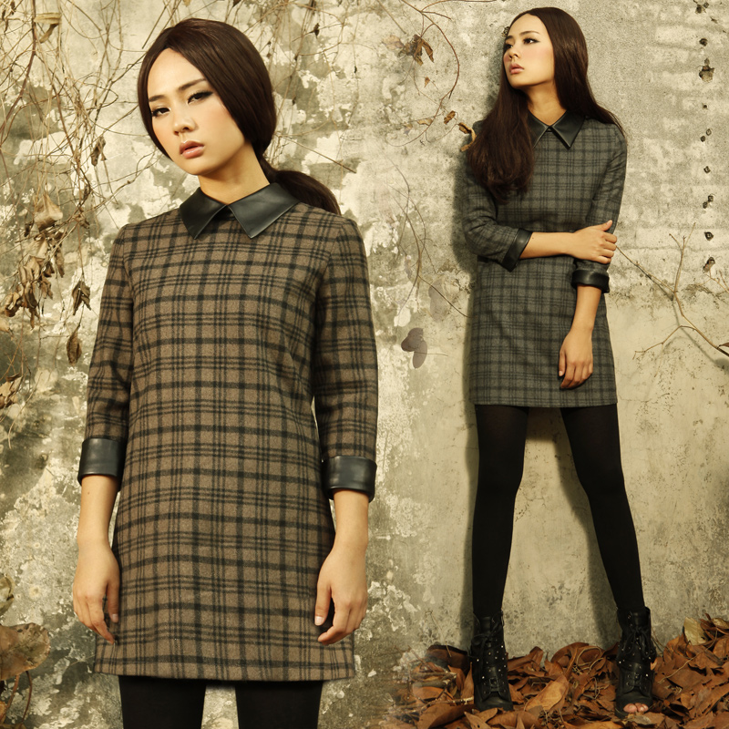 2013 spring preppy style leather collar three quarter sleeve quality plaid woolen dress woolen one-piece dress