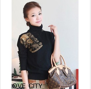 2013 spring print 100% cotton slim turtleneck basic sweater female basic shirt