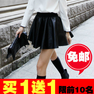 2013 spring PU expansion skirt short skirt basic half-length pleated skirt leather skirt female