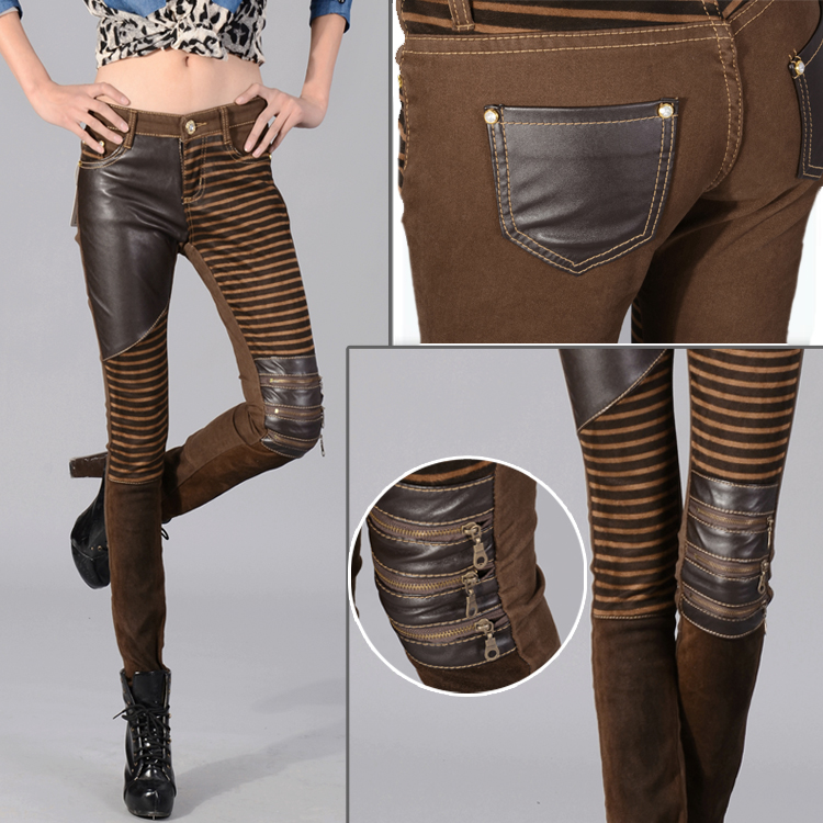 2013 spring PU pants denim patchwork leather pants legging pencil pants women's boot cut jeans army pants for women