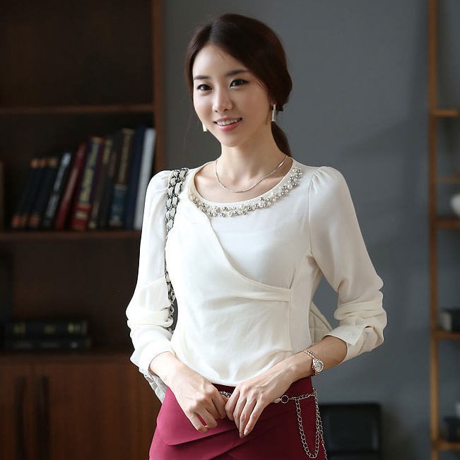 2013 spring puff sleeve knitted patchwork long-sleeve chiffon shirt o-neck handmade diamond