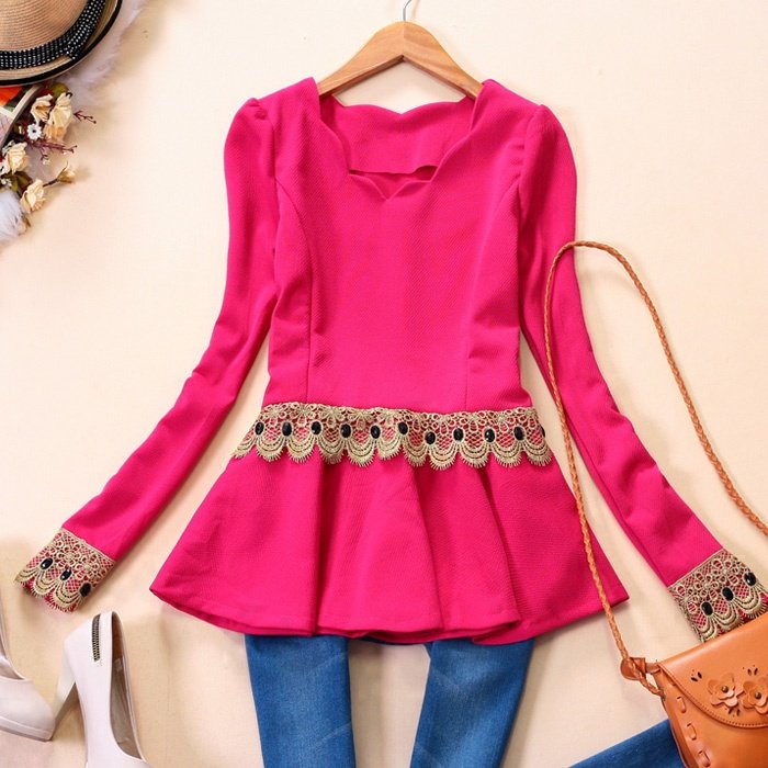 2013 spring puff sleeve ubiquitous1 crochet scalloped sparkling diamond slim shirt top 302c405