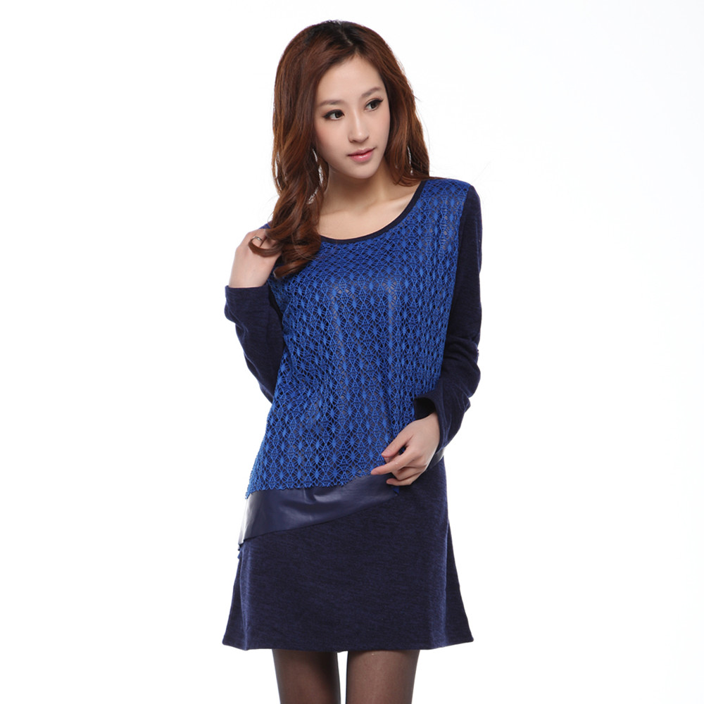 2013 spring quality leather mosaic o-neck short slim design blue black long-sleeve knitted one-piece dress