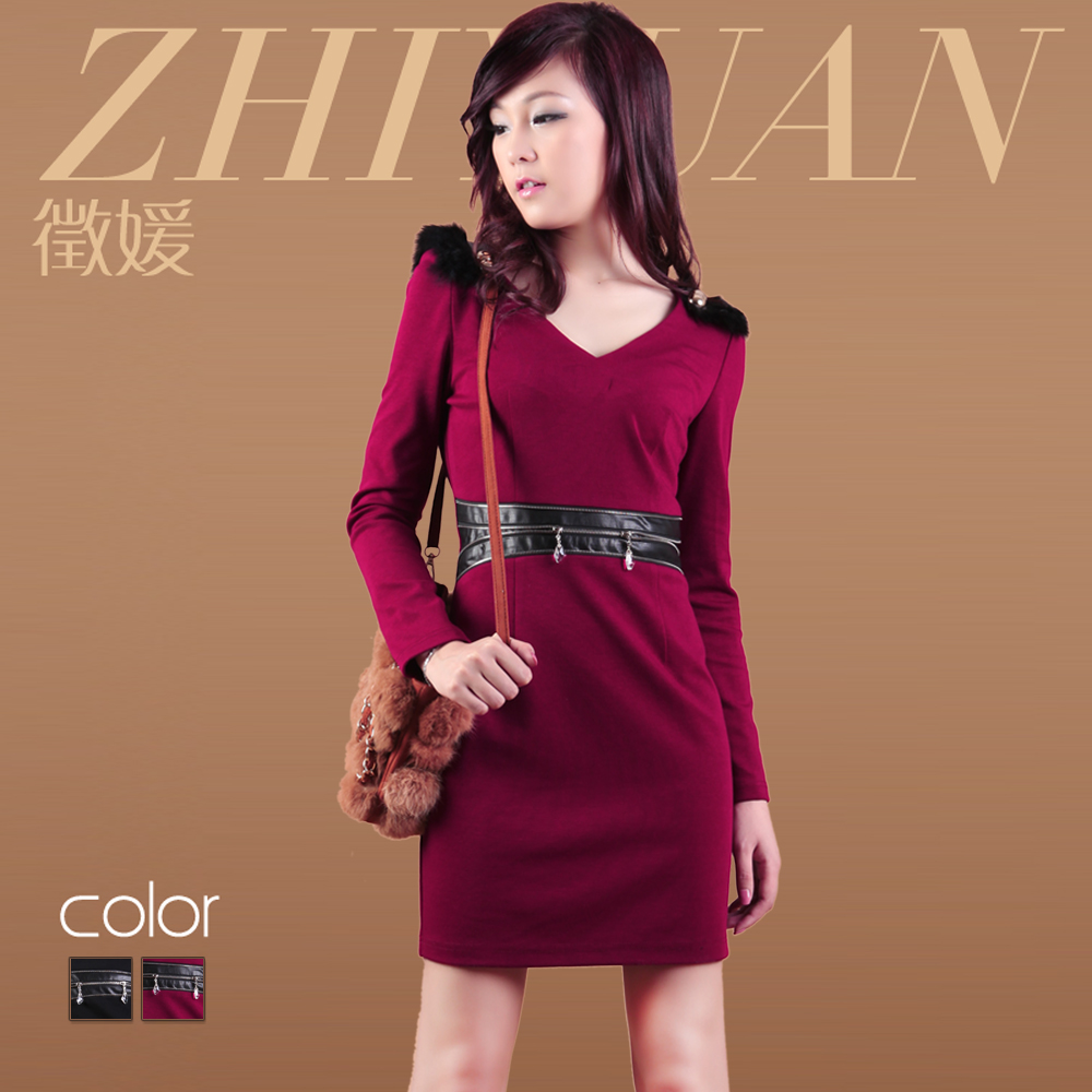 2013 spring rabbit fur epaulette long-sleeve PU water wash leather patchwork color block one-piece dress