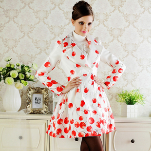 2013 spring red cherry puff skirt double breasted trench