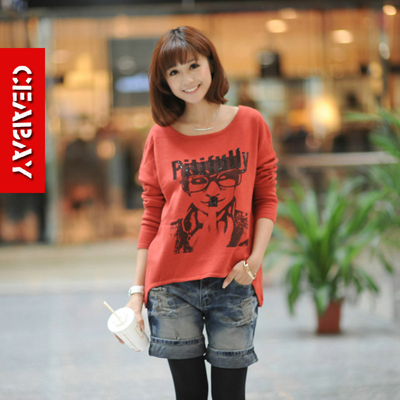 2013 spring rhinestones print casual all-match sheep wool knitted sweater female basic sweater