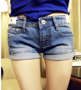 2013 spring roll-up lace hem vintage loose denim shorts female