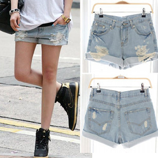 2013 spring roll-up ultra-low-waisted hem denim shorts hole harem pants female loose shorts