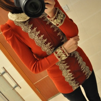 2013 spring royal basic shirt medium-long lace decoration peter pan collar women's sweater solid color sweater