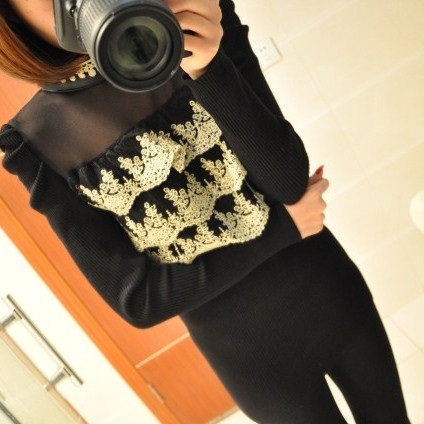 2013 spring royal basic shirt medium-long lace decoration peter pan collar women's sweater solid color sweater