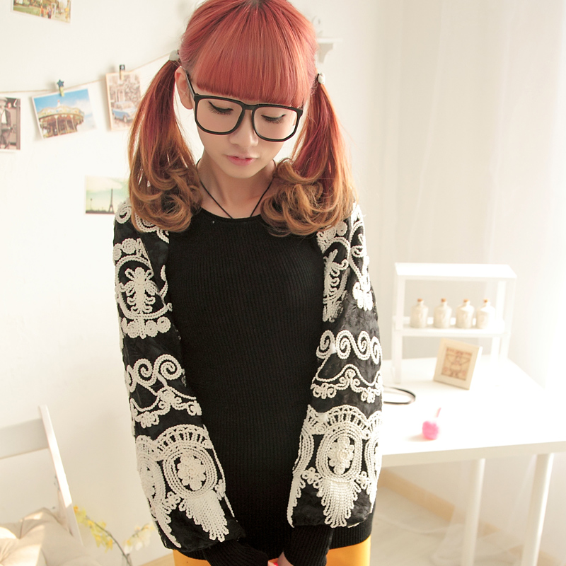 2013 spring royal vintage hand flower puff sleeve slim lace female 1233 basic sweater