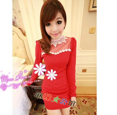2013 spring sexy lace patchwork stand collar long-sleeve slim hip autumn and winter basic skirt one-piece dress